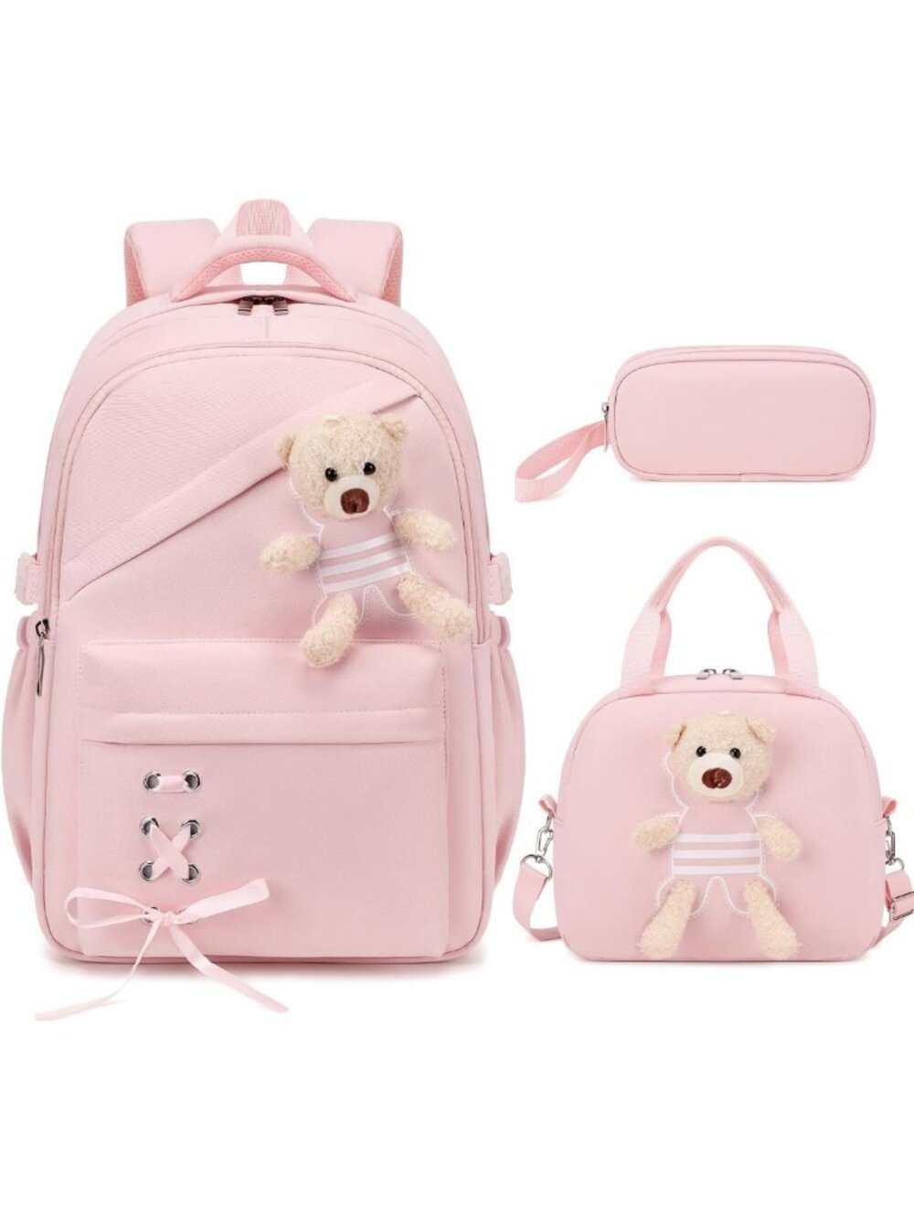 Stylish Pink 3-Piece Girls Backpack Set with Lunch Box & Pencil Case - Perfect